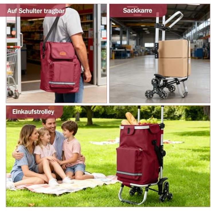 Sekey Klappbarer Einkaufstrolley 3-in-1 mit Kühlfach, 42 l, roter Treppensteiger Trolley inkl. Spanngurt und Einkaufschip – Bild 5