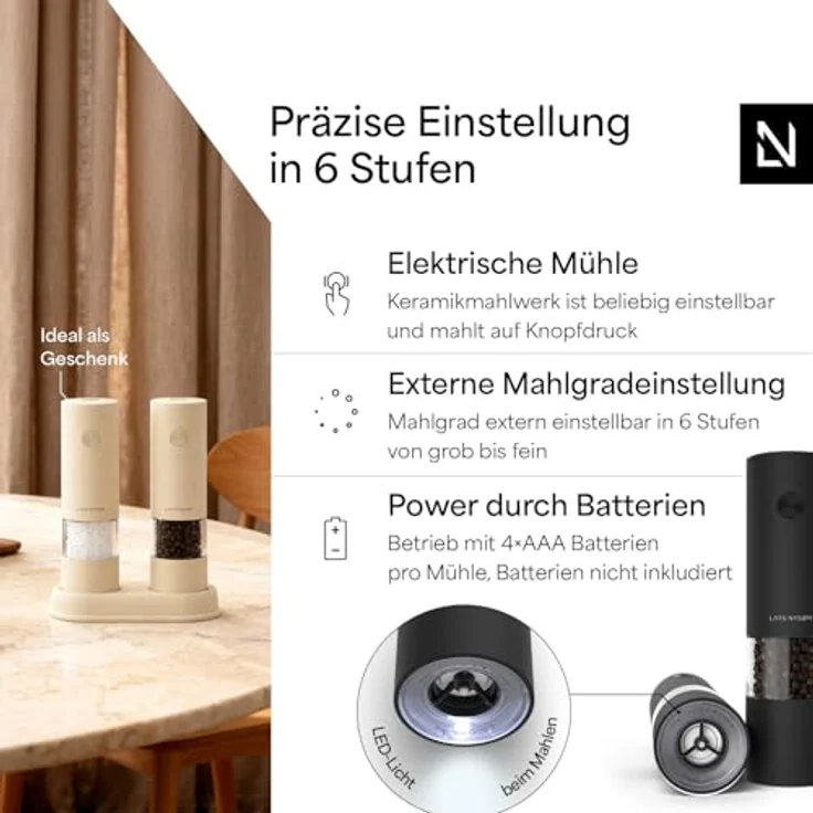 LARS NYSØM Gewürzmühle Kryd, elektrisches Salz- und Pfeffermühlen Set mit stufenlosem Keramikmahlwerk, 2 Stück – Bild 2