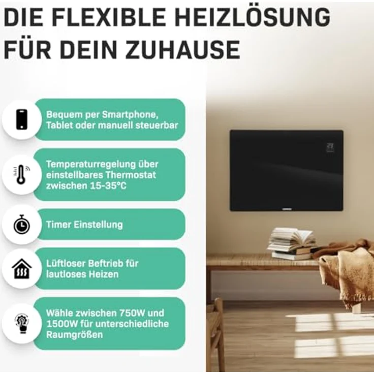 VONROC Elektroheizung, Konvektor-Heizung - elektrische Heizung bis 18m2 - Wand-/Bodenmontage - 2 Stufen 750W & 1500W, Manuelle/App Steuerung - schwarz – Bild 3