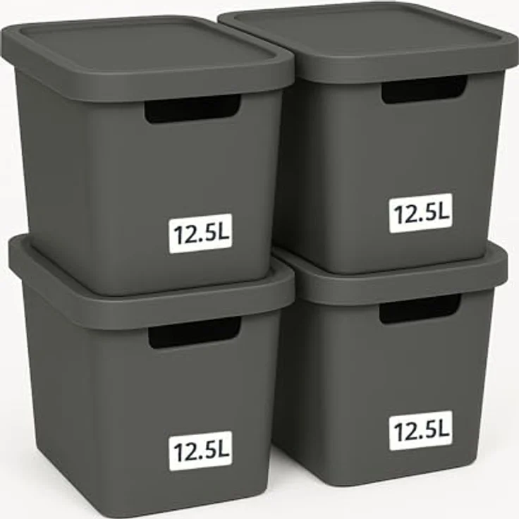 Plastard Aufbewahrungsboxen mit Deckel 12,5L, 4er-Set, Stapelbar, BPA-frei, Grau – Robuste Kunststoffbox für Küche, Bad, Büro, Kinderzimmer – Bild 1