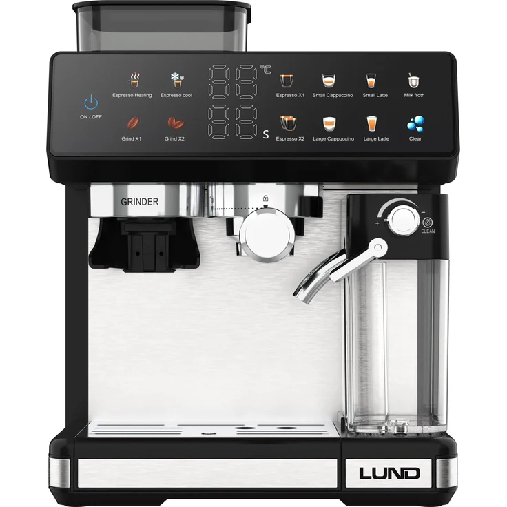 LUND Kaffeevollautomat 1350W mit Milchaufschäumer und Mahlwerk, 9 Automatikprogrammen, kompatibel mit Nespresso® und Starbucks®