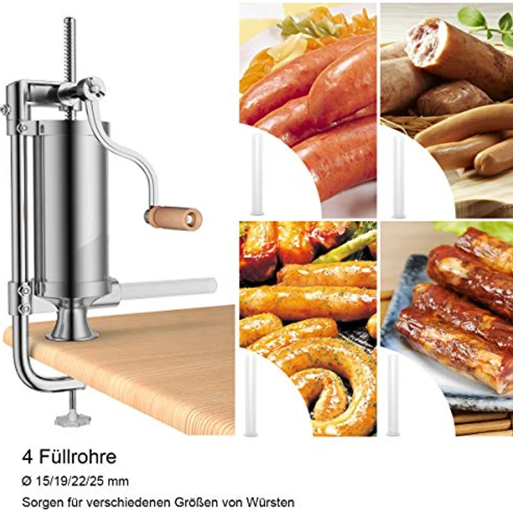 COSTWAY Wurstfüllaufsatz 3L Wurstfüller Wurstfüllmaschine mit 4 Füllrohren, Aluminium/Kunststoff, silber – Bild 6