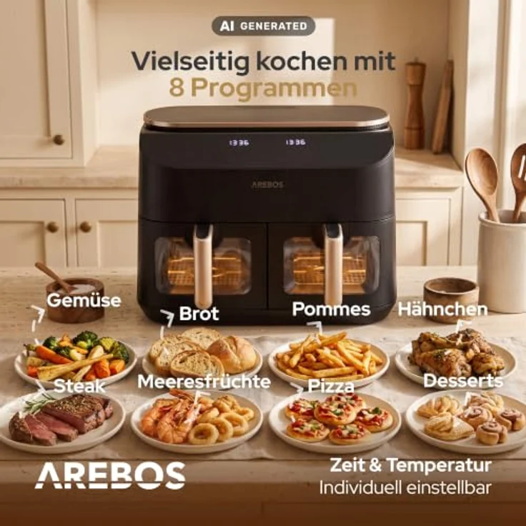Arebos Heißluftfritteuse AR-HE-DPH10, 2450 W, 10 L, 2 Garzonen mit SYNC- & MATCH-Funktion, 2 Sichtfenster, Schwarz/Roségold – Bild 6