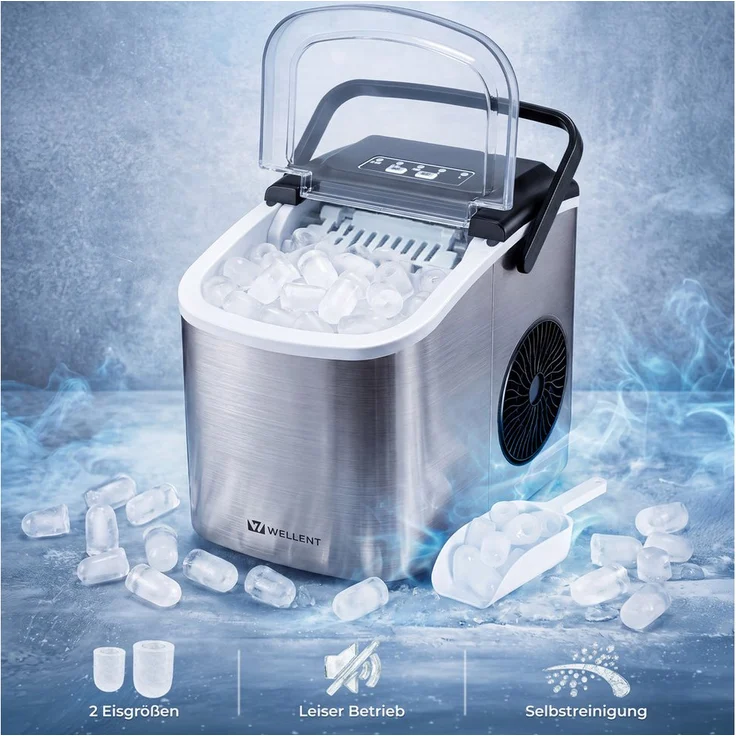 WELLENT Eiswürfelmaschine Tragbarer Eiswürfelbereiter, 9 Eiswürfel in 6 Minuten, 12 kg/24 h, 2 Eiswürfelgrößen, Selbstreinigung, ideal für Küche & Büro