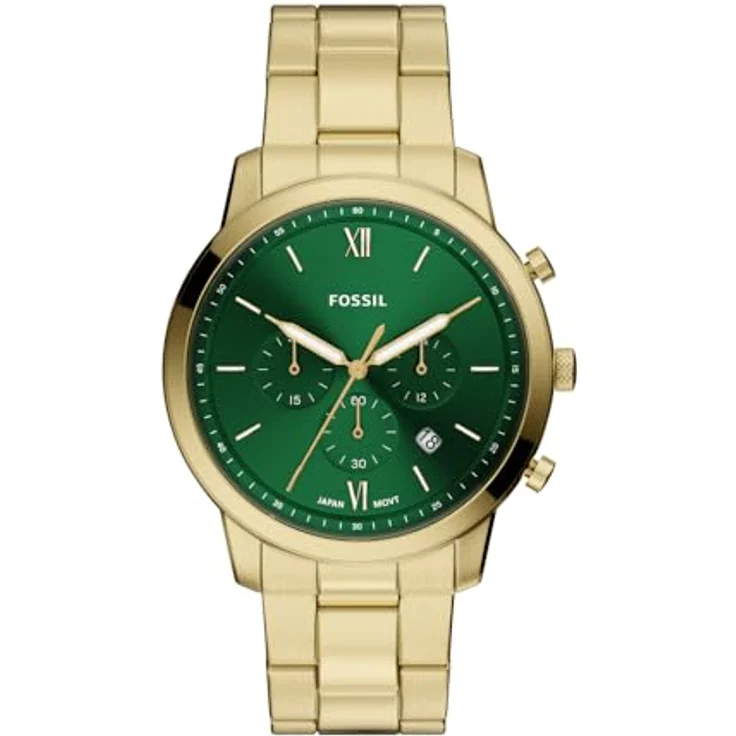 Fossil Neutra, Herren Quarz-Chronograph mit 44-mm-Gehäuse, goldfarbenem Edelstahlarmband und grünem Sunray-Zifferblatt, wasserdicht bis 50 m – Bild 1
