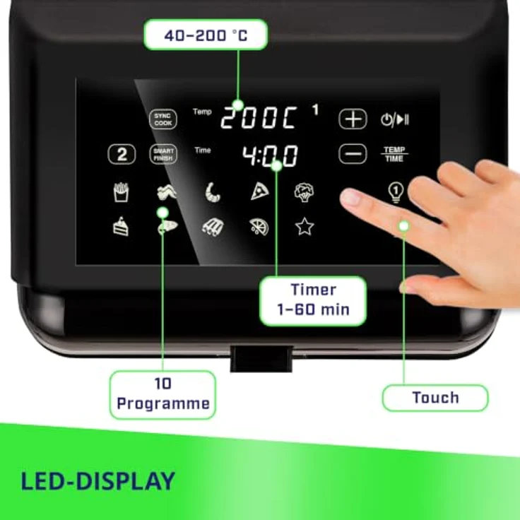 MPM MFR-13, Große Heißluftfritteuse mit 12 Litern, Doppelkammer, 3000W, Sync & Dual-Cook Funktion, Schüttel-Erinnerung – Bild 3