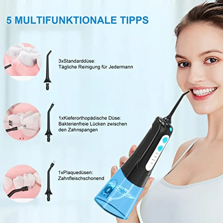 SURFOU Munddusche, Water Flosser IPX7 wasserdicht, 300ml Zahnzwischenraumreiniger, Munddusche kabellos USB wiederaufladbar mit 4 Modi und 5 Düsen für Reisen & Hause – Bild 3