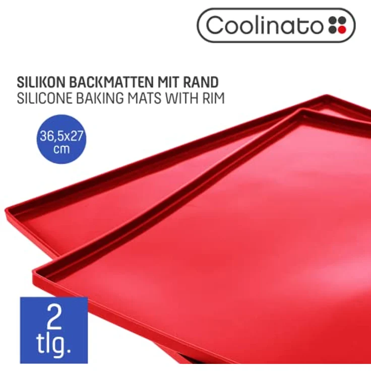Coolinato 2er Set Silikon Backmatte mit Rand groß 36,5x27x1cm, Rot, lebensmittelecht, ideal zum Backen und als Backunterlage, inkl. 4 Rezepten – Bild 2