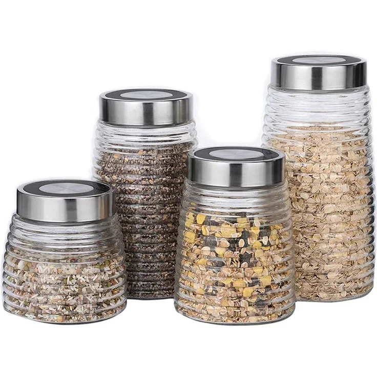 Michelino Vorratsdose Aufbewahrungsgläser Set von 4, verschiedene Größen mit Schraubverschluss, zufällige Deckelfarben (blau, rot, rosa, schwarz)