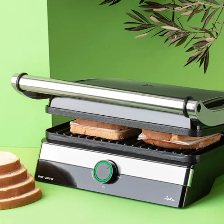 JATA JEGR1596 Elektrogrill mit 2000 W, geriffelten antihaftbeschichteten Platten, 29 x 23,6 cm, neigbarem Deckel und Auffangschale – Bild 4