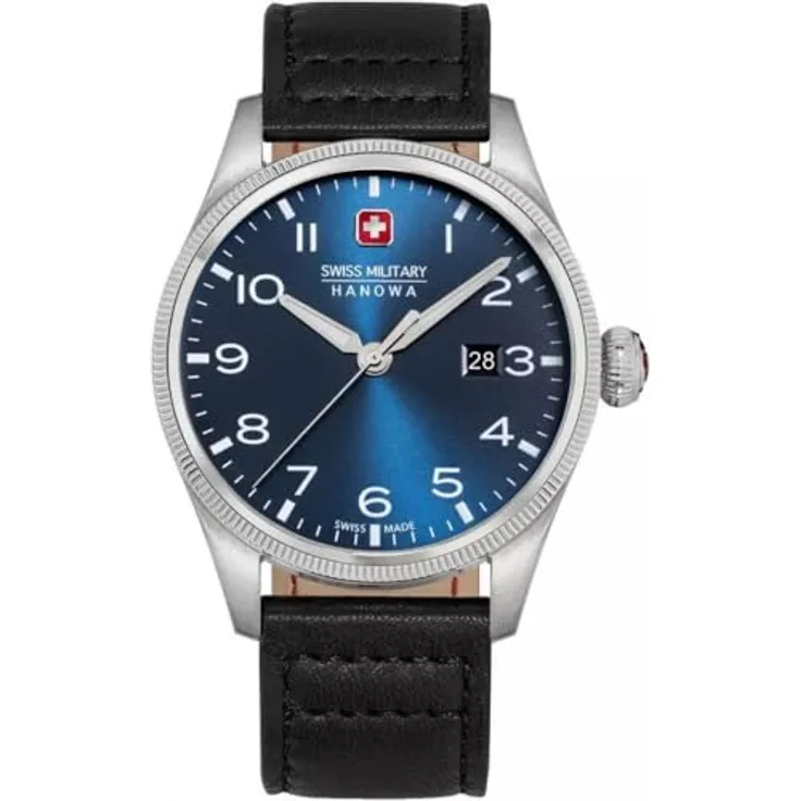 Swiss Military Hanowa Thunderbolt Herren-Armbanduhr mit schwarzem Echtleder-Band, 43 mm, blaues Armband, Wasserdicht bis 10 ATM