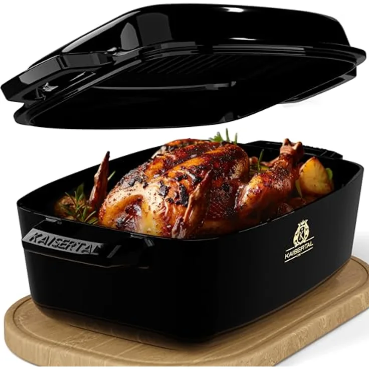 KAISERTAL 28cm Emailliert Gusseisen Bräter - Ovaler 6l Topf backofengeeignet - Induktionsgeeigneter 7kg Bräter mit Deckel - Schmortopf in Schwarz