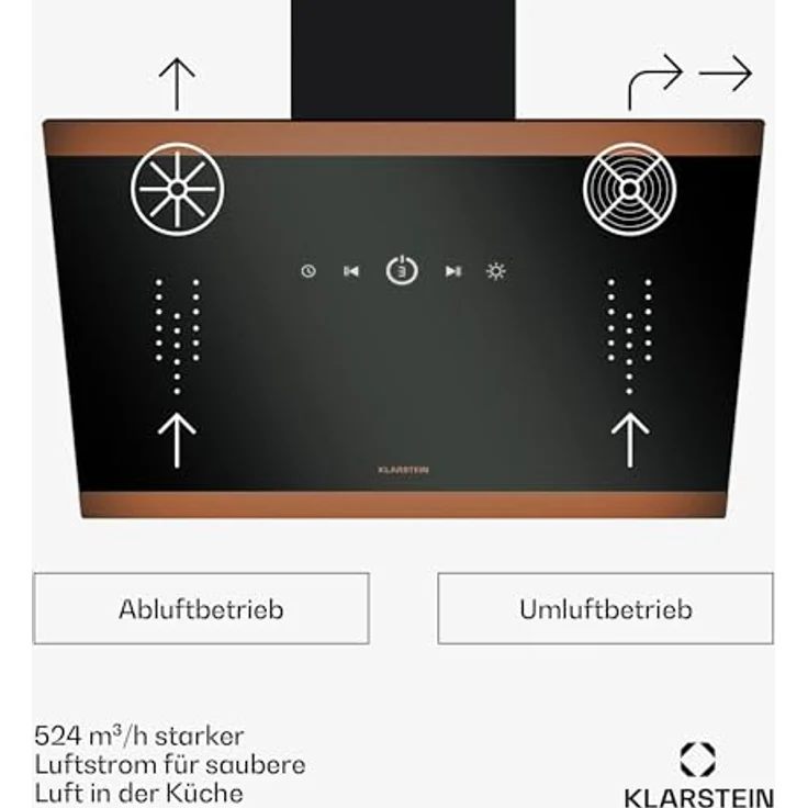 Klarstein FlashLine 60 Dunstabzugshaube - Touchscreen, 524 m³/h, A++ Energieeffizienz, LED-Beleuchtung, Leise 34,5 dB, Schwarz & Kupfer – Bild 2