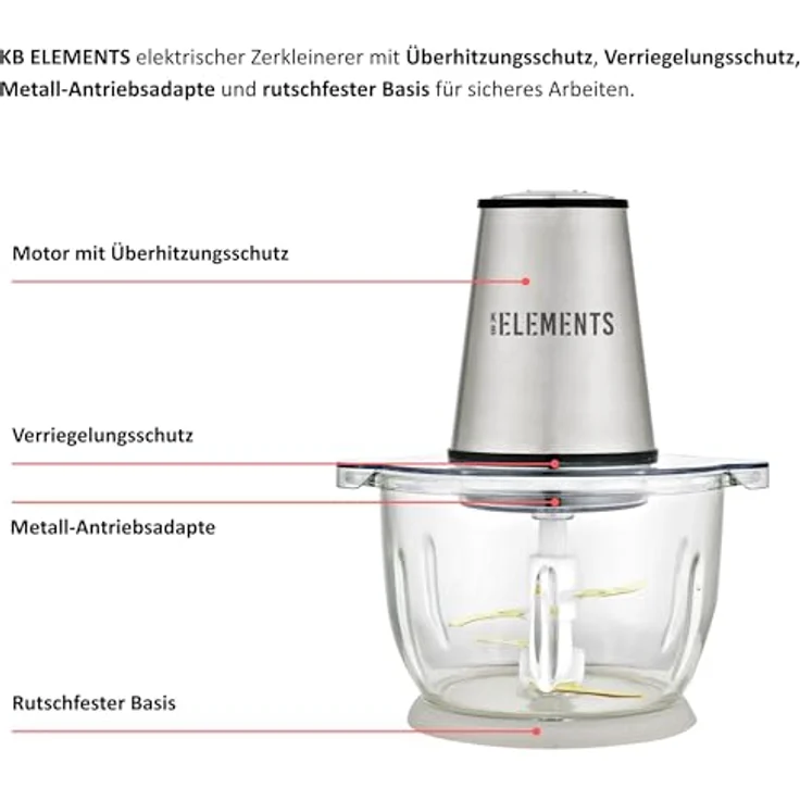 KB Elements Zerkleinerer ELK306FC, 300 W Vollkupfermotor, 2L Glasschüssel, Titan-Schneideklinge, rutschfeste Basis – Bild 4