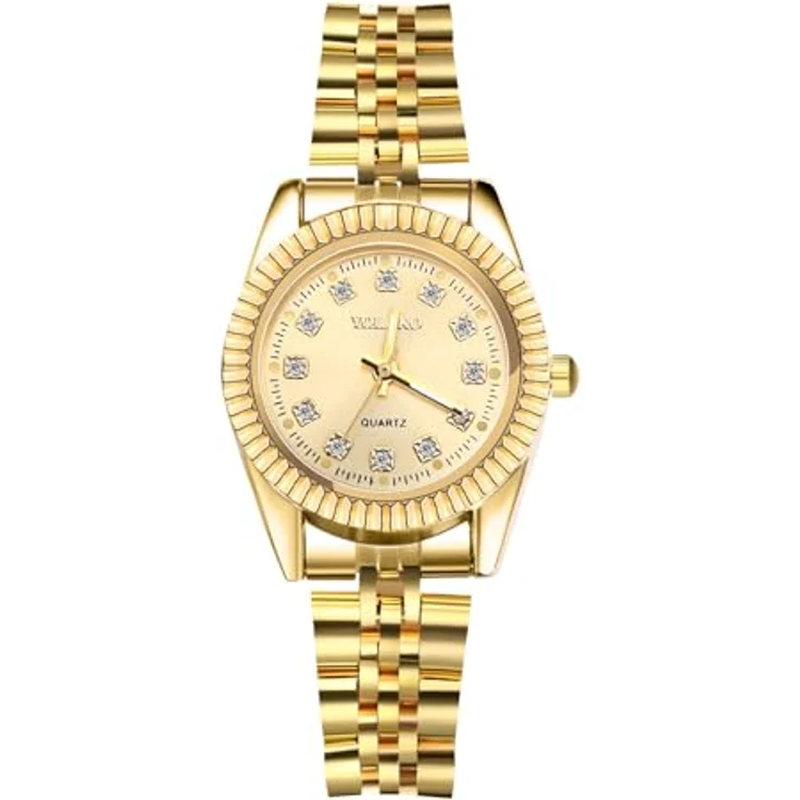 JewelryWe Damenuhr Gold Edelstahl, Klassische Analog Quarz Armbanduhr mit Diamantskala und Facettiertem Zifferblatt – Bild 1