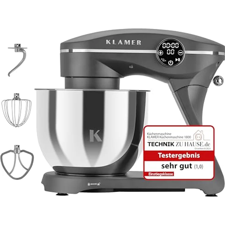 KLAMER Küchenmaschine 1800W, Knetmaschine mit 6 Liter Edelstahl Schüssel, 10 Geschwindigkeitsstufen mit Timer, Rührbesen, Knethaken, Schneebesen und Spritzschutz – Bild 1