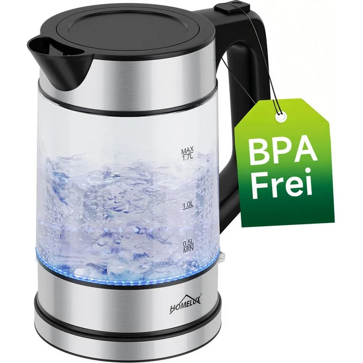 HOMELUX Glaswasserkocher 1.7L, 2200W mit LED-Beleuchtung, Abschaltautomatik, Kalkfilter, BPA-frei