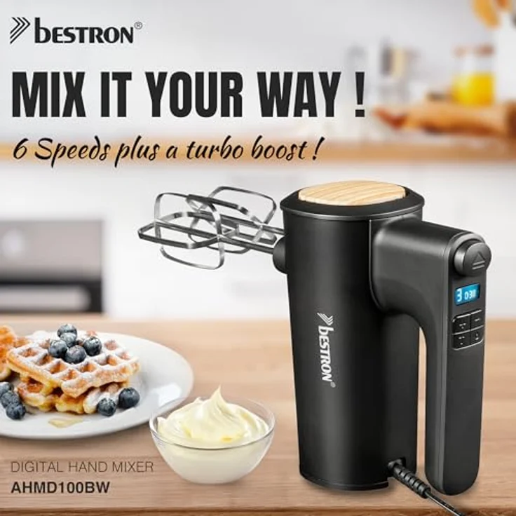 Bestron Power Handmixer AHMD100BW, 400W leistungsstarker Handmixer mit 6 Stufen, Turbo-Funktion, LCD-Display, Schwarz/Holz – Bild 2