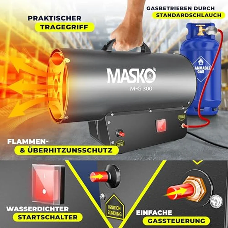 MASKO Gasheizgebläse Heizkanone 30 kW, leistungsstarker Heißluftgenerator mit Piezo-Zündung, inkl. Gasschlauch & Druckminderer für Gasflaschen – Bild 3