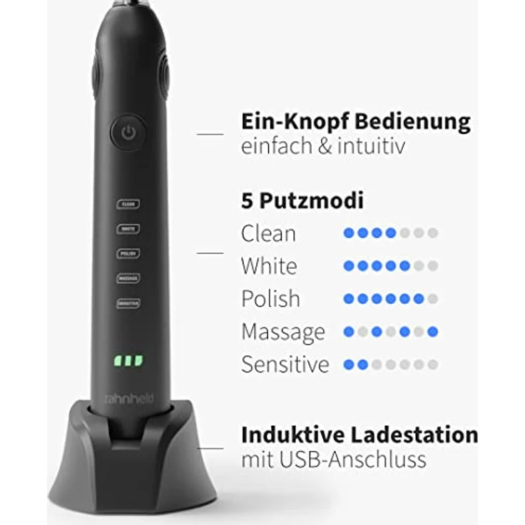 Zahnheld Elektrische Schallzahnbürste GERO mit Reiseetui und Bürstenkopf | Natural White Whitening Zahnpasta | Lange Akkulaufzeit | 5 Putzmodi – Bild 4