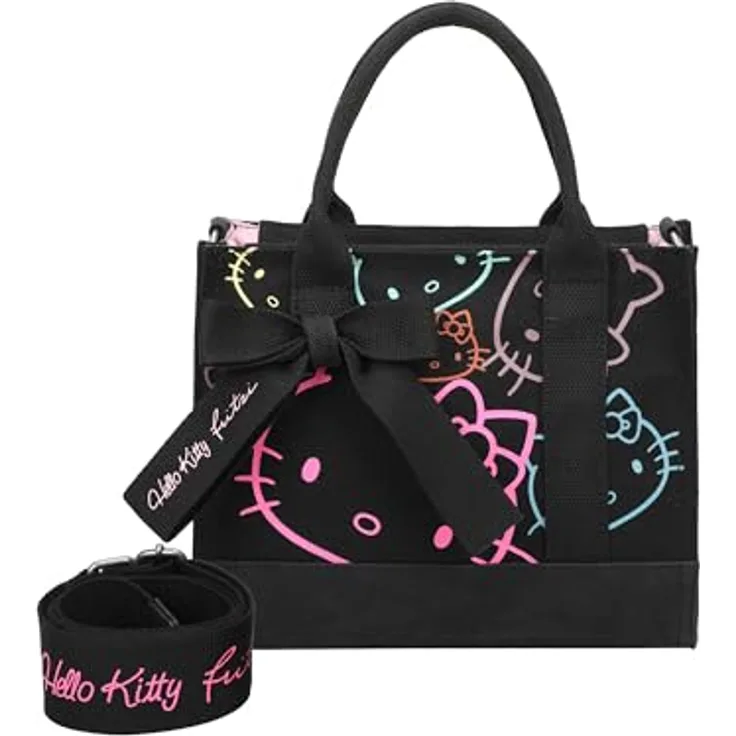 Fritzi aus Preußen Umhängetasche Hello Kitty Shopper, kompakt, 25 cm, schwarz/mehrfarbig, inklusive abnehmbarem Schulterriemen