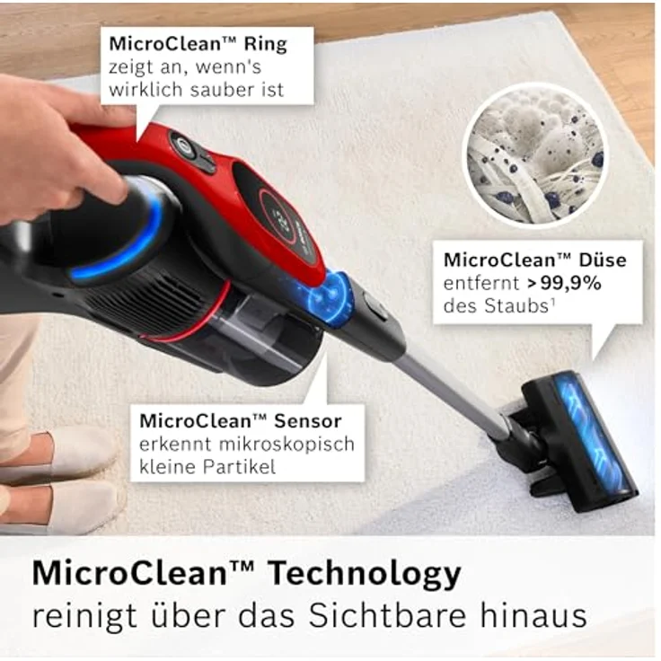Bosch Akku-Staubsauger Unlimited 9 ProAnimal BKS941PET, MicroClean Technology, LED-Licht, HEPA-Filtersystem, 10 Jahre Motorgarantie, Schnellladegerät, rot – Bild 3