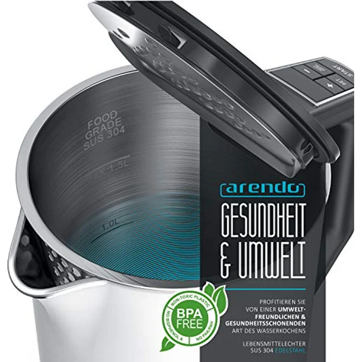 Arendo Edelstahl Wasserkocher mit Temperatureinstellung 40-100 Grad in 5er Schritten - Doppelwand Design - Modell ELEGANT - 1,5 Liter - 2200 W - Teekocher mit Temperaturanzeige - GS - weiß matt – Bild 5