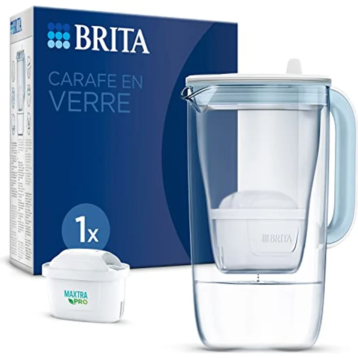 BRITA Karaffe aus blauem Glas (2,5 l) mit 1 x BRITA MAXTRA PRO All-in-1 Filterkartusche - reduziert Zahnstein, Chlor, bestimmte Verunreinigungen und bestimmte Metalle – Bild 1