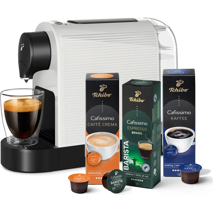Tchibo Cafissimo „Pure plus“ Kaffeemaschine Kapselmaschine inkl. 30 Kapseln für Caffè Crema, Espresso und Kaffee, 0,8l, 1250 Watt, Weiß – Bild 1