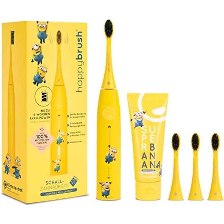 Happybrush Schall-Zahnbürste Eco Vibe 3 Junior Minions für Kinder ab 8 Jahren - Nachhaltige Zahnbürste mit 6 Wochen Power-Akku inkl. 3 Aufsteckbürsten und Zahnpasta - Gelb