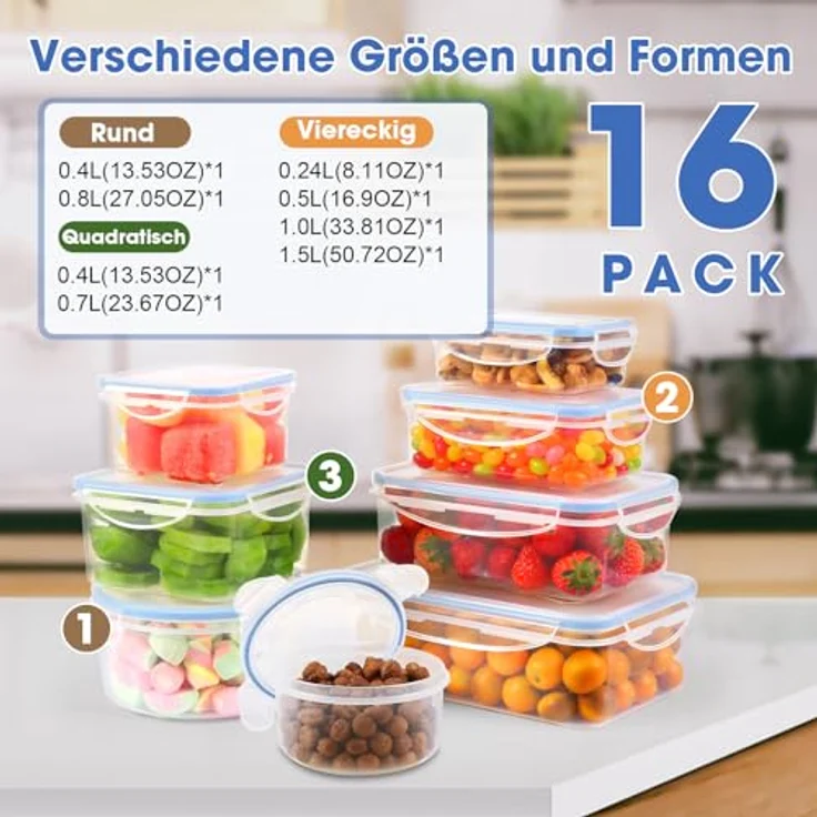 YASHE Frischhaltedosen Set SE-16PCS, 16-teilig mit 8 Behältern (0,24 - 1,5 L) und Deckeln, luftdicht und mikrowellengeeignet, BPA-frei – Bild 3