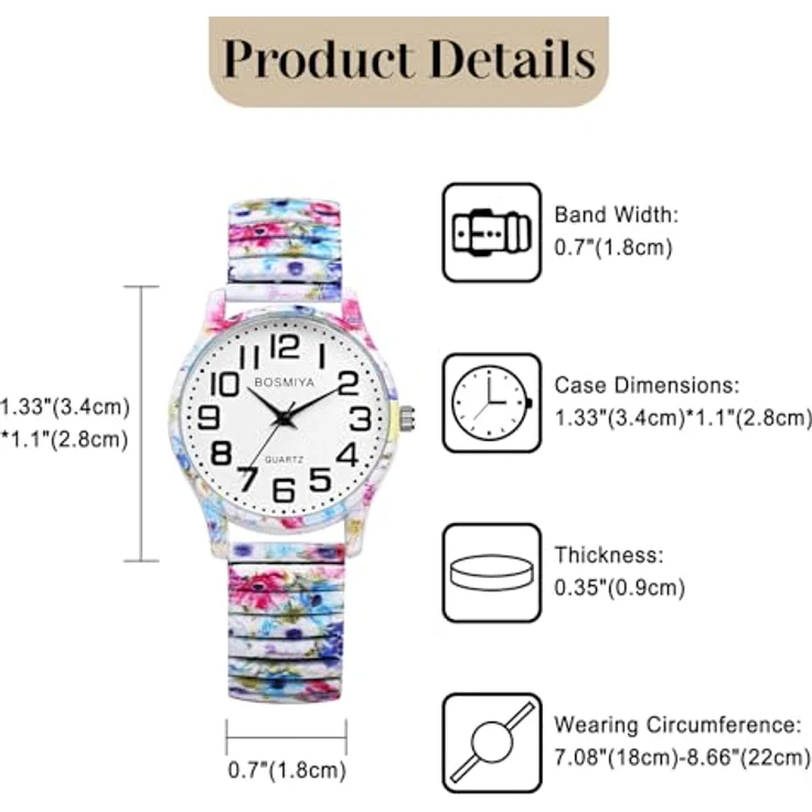 JewelryWe Boho Elastische Damenuhr, Analog Quarz mit Tintenblumen Druck, Edelstahl Stretch-Armband, Große Zahlen, 18-22 cm verstellbare Größe – Bild 5