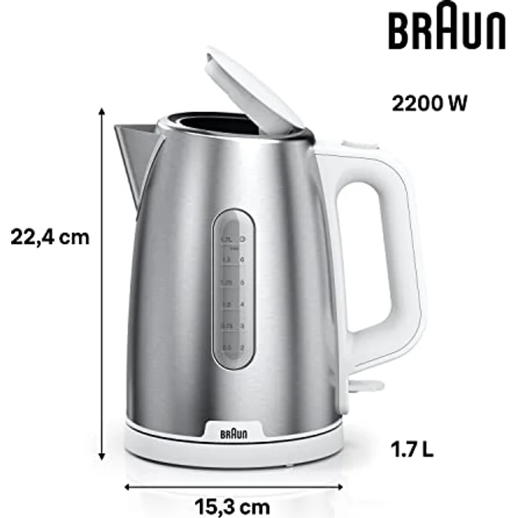 Braun WK1500WH Wasserkocher, 2200 Watt, 1,7 Liter, Temperaturanzeige, Abschaltautomatik, silber, schwarz – Bild 3