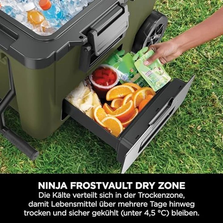 Ninja FrostVault Kühlbox mit Rollen, 42 L, isoliert mit Dry Zone Schublade, inklusive Ninja Thirsti Flasche 530 ml und Kühlakku, olivegrün, FB245AMZEUUKGN – Bild 4