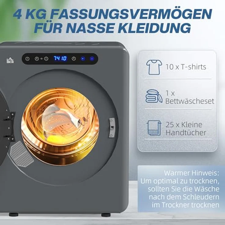 HOMCOM Mini Ablufttrockner 3 kg mit Desinfektion, 1000W, 6 Programmen, Touch-Screen und 3 Temperaturen, grau für Wohnmobile und Häuser – Bild 4