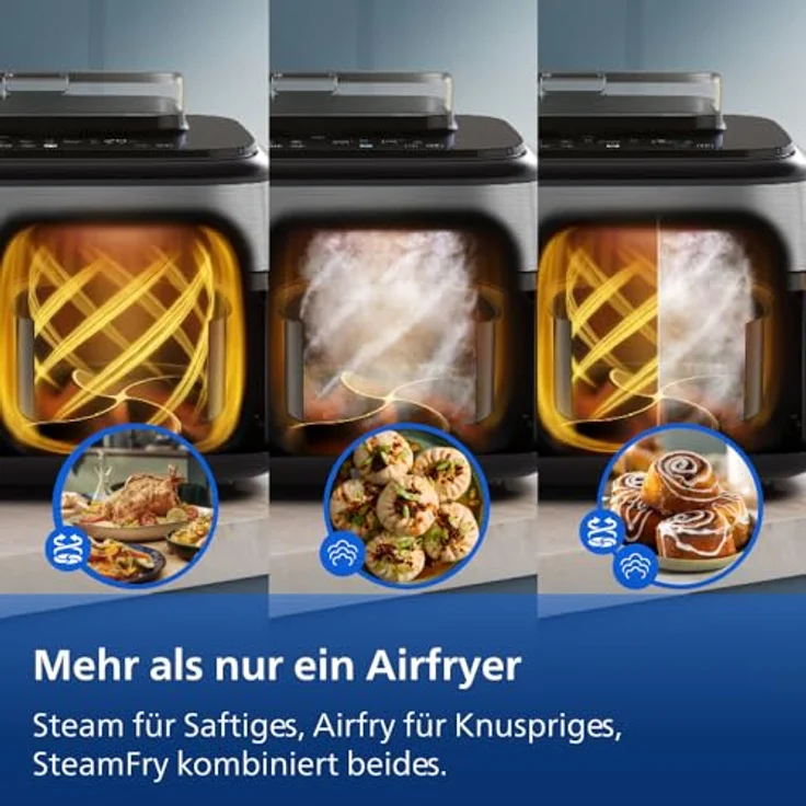Philips Heißluftfritteuse 5000 Series NA555/00, Dual Basket mit Steam, 9L Kapazität, 2750 W, RapidAir Plus Technologie, Dampfreinigung, HomeID App, Silber – Bild 7