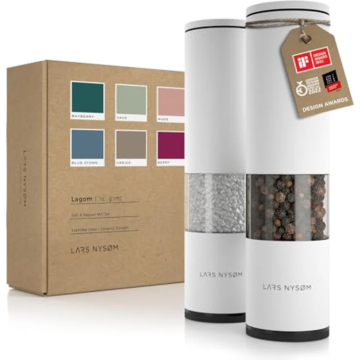 LARS NYSØM Salz und Pfeffer Mühle 2er Set Manuell mit einstellbarem Keramik-Mahlwerk von grob bis fein I Design Gewürzmühlenset (2 Stück) (Snow White) – Bild 1