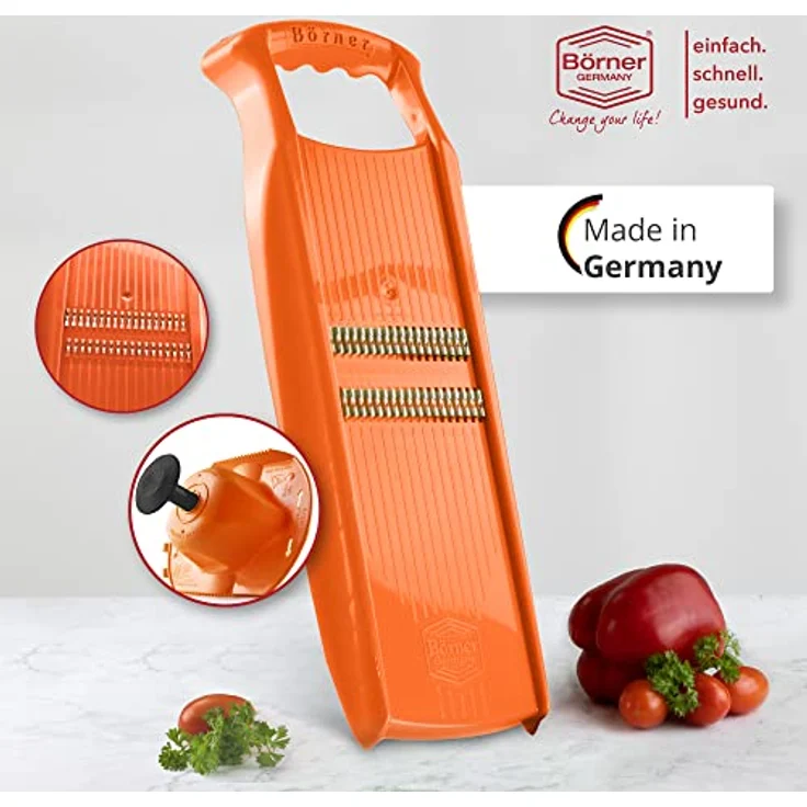 Börner Roko PowerLine Gemüseschneider Set (2-tlg.) • Feiner Streifenschneider für Obst & Gemüse + Fruchthalter • Julienne Schneider • Gemüsehobel • Küchenhobel Set (Orange) – Bild 2