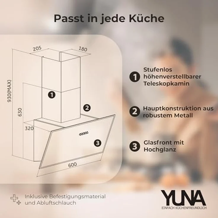 Yuna Dusica Dunstabzugshaube, A, Abluft und Umluft, Wandmontage, Breite 60 cm, Randabsaugung, Drucktasten – Bild 10