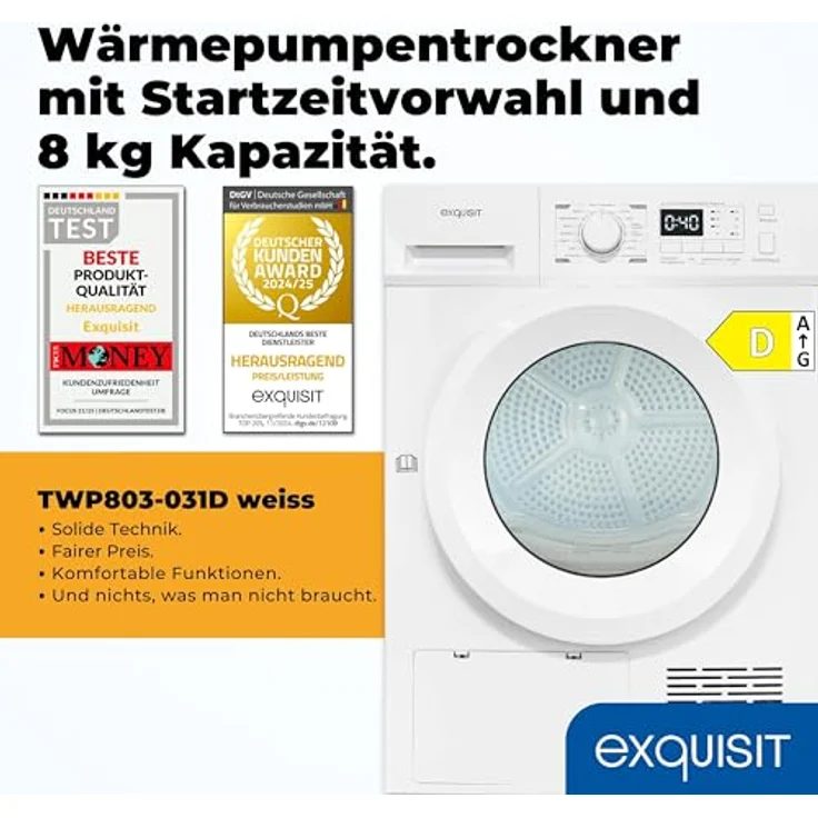 Exquisit TWP803-031D Wärmepumpentrockner 8 kg, 16 Programme, LED-Innenbeleuchtung, Knitterschutz, Startzeitverzögerung, weiss – Bild 2