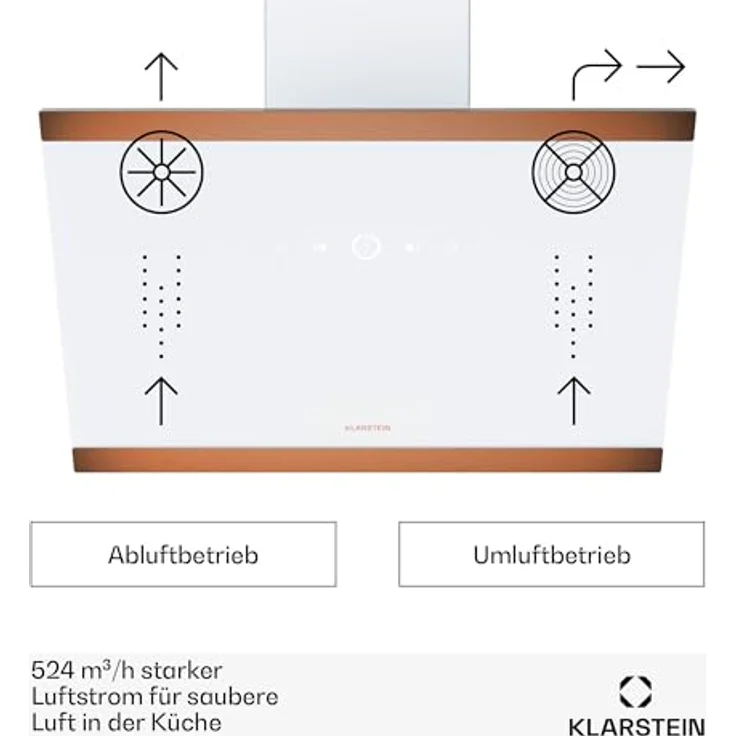 Klarstein FlashLine 60 Dunstabzugshaube, A++ Energieeffizienz, 524 m³/h, 3 Stufen, Touch Bedienung, Abluft/Umluft, 100 W, Weiß – Bild 2
