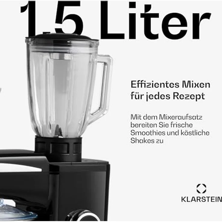 Klarstein Renata Rossa Küchenmaschine 3-in-1, 2000 W, 2,7 PS, 5 Liter Edelstahl Schüssel, inkl. Standmixer-, Fleischwolf-Aufsatz, schwarz – Bild 7