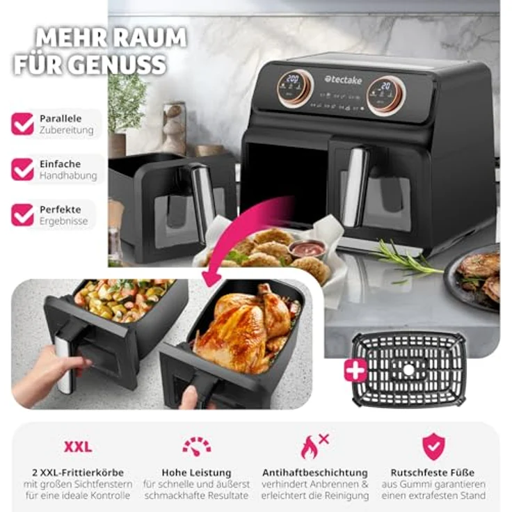tectake® Heißluftfritteuse 2 Kammern, XXL Doppelkammer Airfryer, Dual Fritteuse mit Heißluft, 8 l Fassungsvolumen, inkl. Zubehör Rezeptheft – Bild 3