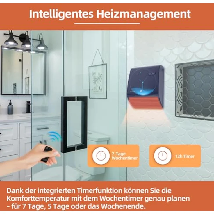 SHX Badezimmer-Heizlüfter 2000 W | Thermostat mit Fernbedienung | wassergeschützt | sicher im Bad, Schwarz – Bild 5