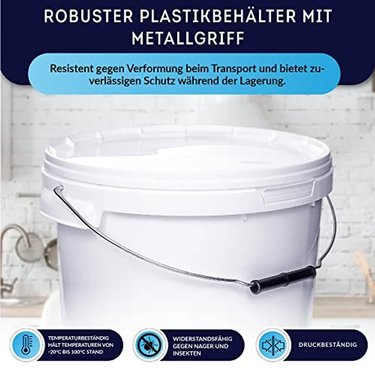 BenBow Eimer mit Deckel 20l weiß 1x 20 Liter - lebensmittelecht, stabil, luftdicht, auslaufsicher - Vorratsbehälter für Aufbewahrung aus Kunststoff, mit Metall-Henkel - leer – Bild 5