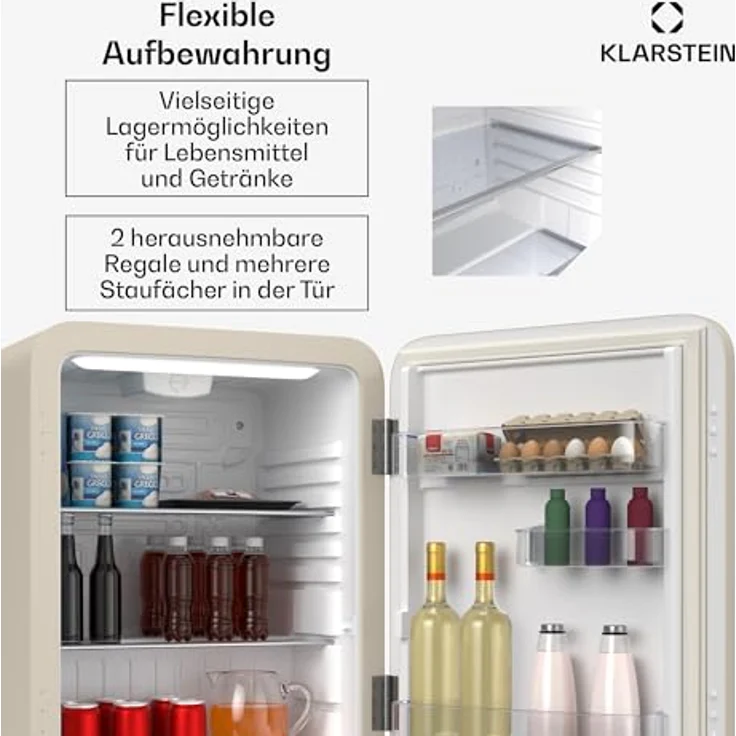 Klarstein Audrey Evo 68L Mini Kühlschrank, Retro-Design, leiser Betrieb 40 dB, kompressor, verstellbare Füße, wendetür, creme – Bild 5