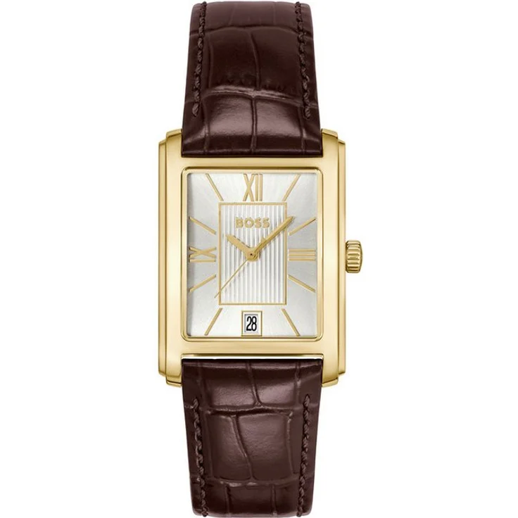 BOSS Quarzuhr PRINCIPLE DRESS 1514300, Armbanduhr mit silberfarbenem Zifferblatt und goldfarbenem Gehäuse, Lederarmband in braun, analog, spritzwassergeschützt, mit Datumsanzeige
