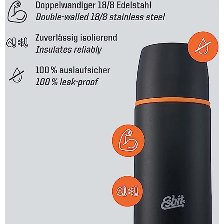 Esbit Isolierflasche, 0,5L, aus Edelstahl, inkl. zwei Trinkbecher, schwarz – Bild 3