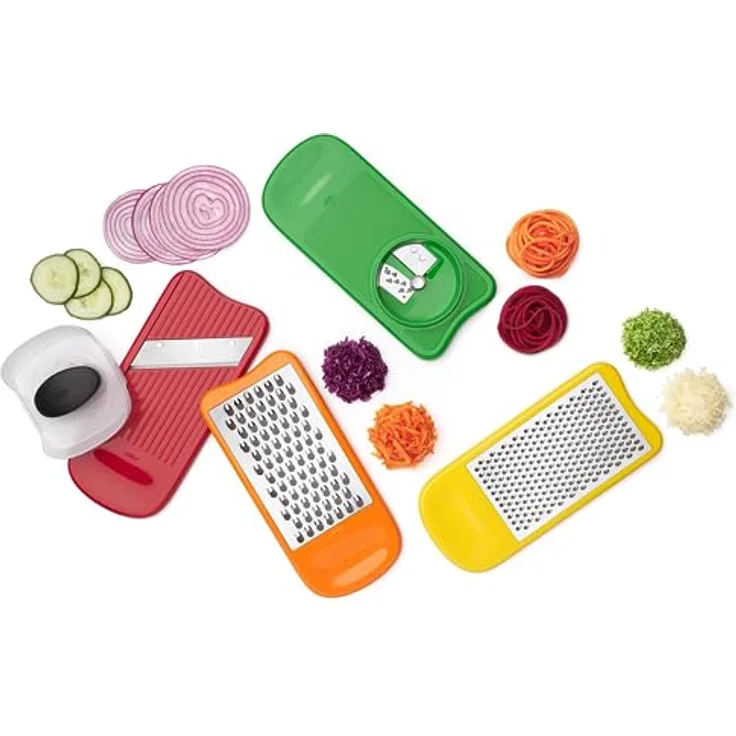 OXO Good Grips Spiralschneider-, Reibe- + Hobel-Set Rot, Grün, Orange, Gelb – Bild 5