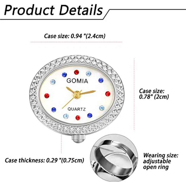 JewelryWe 2pcs Ringuhr Fingeruhr Damen, Verstellbare Analog Quarz Ring Uhr mit ovalem Strass Muschel Zifferblatt, Gold/Silber – Bild 5